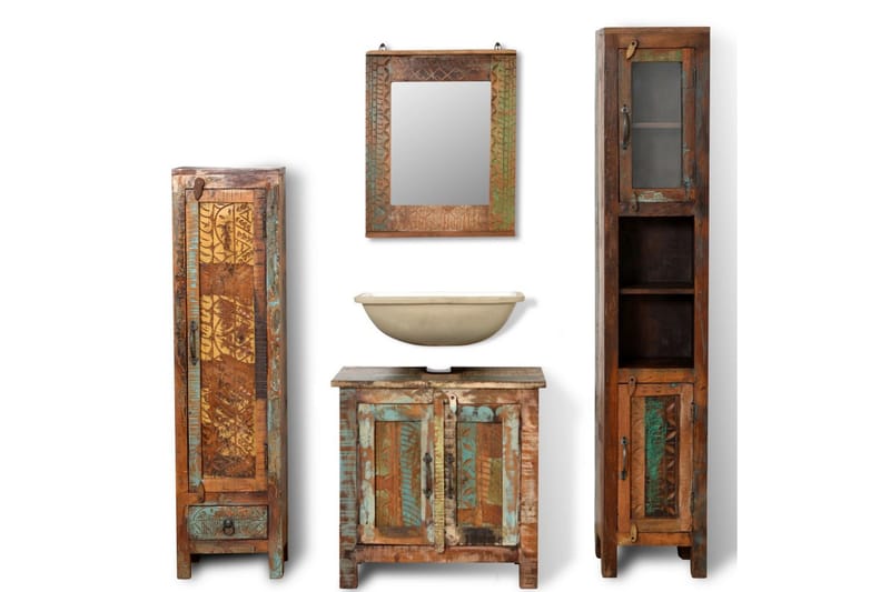 Kabinettskapsett av gjenvunnet tre med 1 speil og 2 sideskap - Baderom - Baderomsmøbler - Komplette møbelpakker