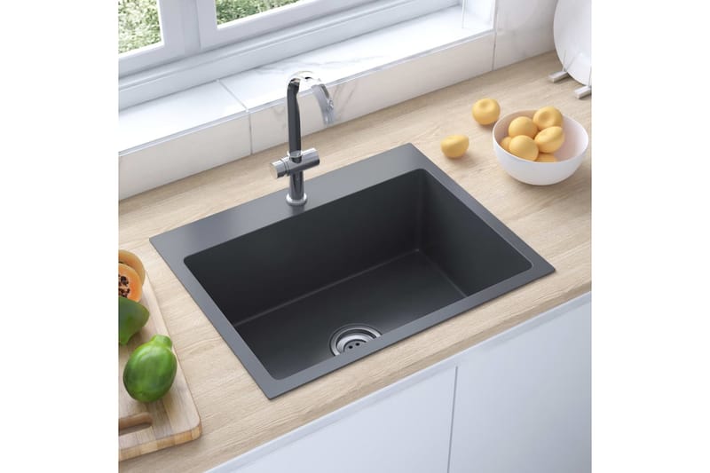 Håndlaget kjøkkenvask med kranhull svart rustfritt stål - Svart - Baderom - Servant og håndvask - Enkel vask