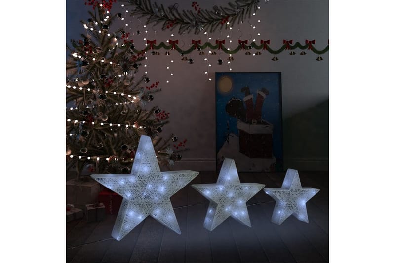 Julepynt stjerner 3 stk hvit netting LED utendørs innendørs - Hvit - Belysning - Julebelysning utendørs - Julebelysning utendørs
