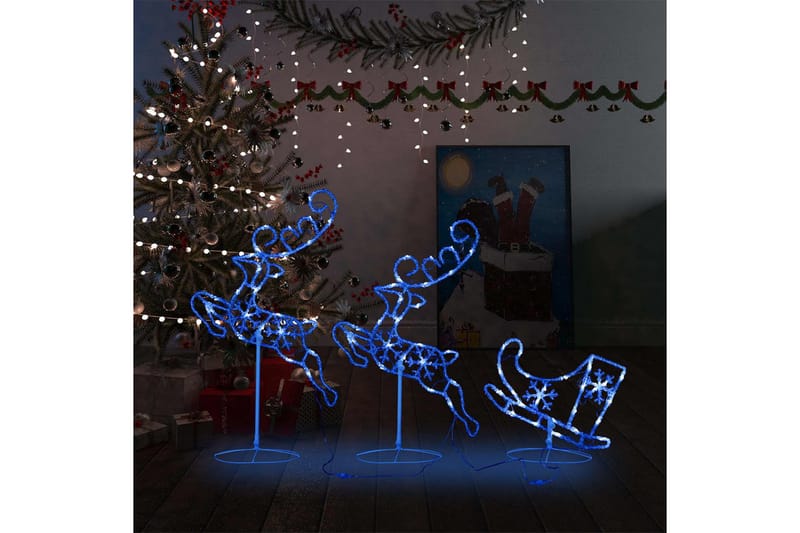 Julereinsdyr og slede i akryl 260x21x87 cm blå - Hvit - Belysning - Julebelysning - Julelys ute