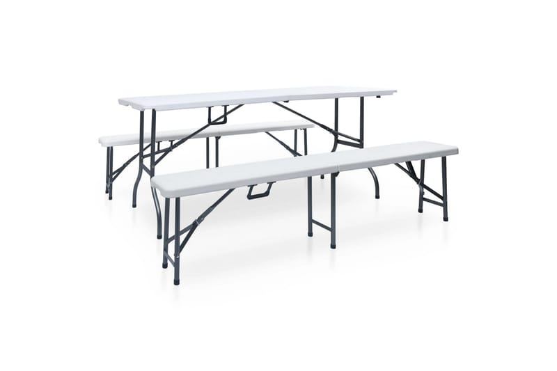 Sammenleggbart hagebord med 2 benker 180cm stål og HDPE hvit - Hvit - Hagemøbler - Hagebord - Piknikbord