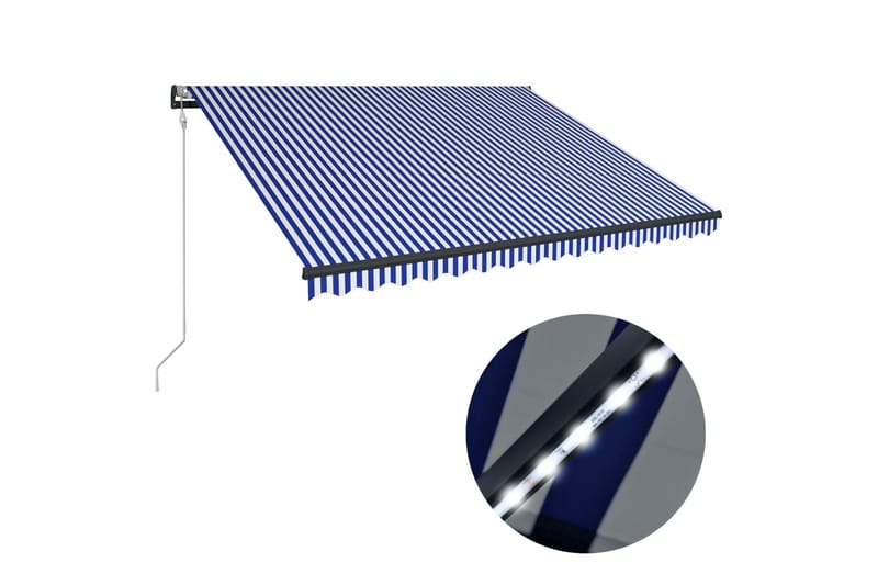 Markise med vindsensor og LED 450x300 cm blå og hvit - Hagemøbler - Solbeskyttelse - Markiser - Terrassemarkise