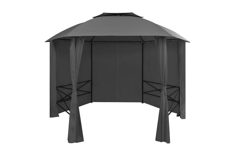 Hagepaviljong med gardiner heksagonal 360x265 cm - Grå - Hagemøbler - Loungemøbler - Loungesett