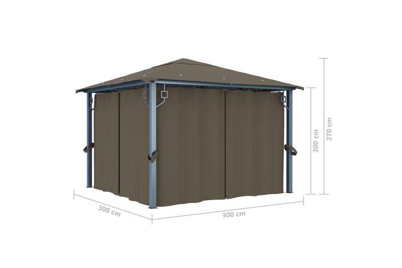 Paviljong med gardin 300x300 cm gråbrun aluminium - Taupe - Hagemøbler - Solbeskyttelse - Paviljonger - Komplett paviljong