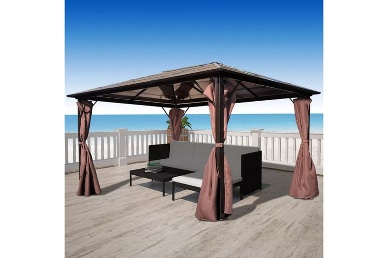 Paviljong med gardin brun aluminium 400 x 300 cm - Hagemøbler - Solbeskyttelse - Paviljonger - Komplett paviljong