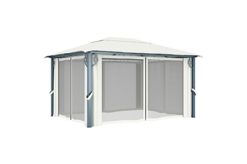 Paviljong med gardin og strenglys 400x300 cm krem aluminium - Krem - Hagemøbler - Solbeskyttelse - Paviljonger - Komplett paviljong
