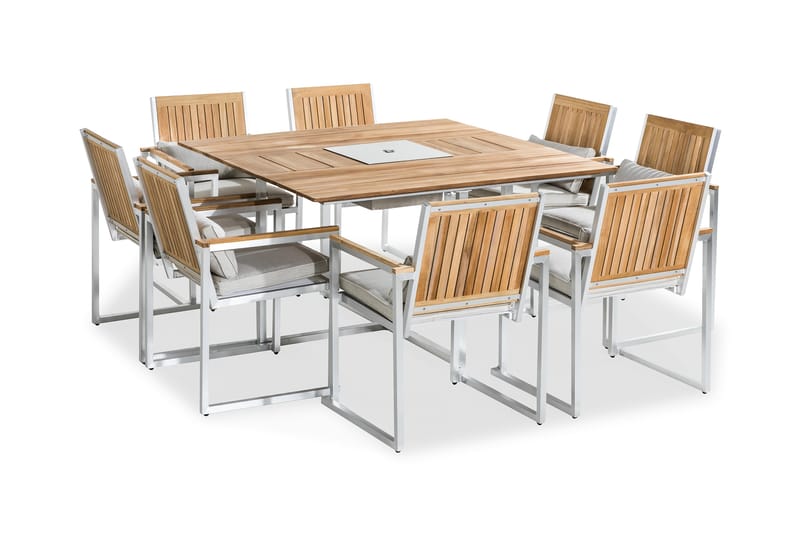 Båstad Spisegruppe 140x140 + 8 Stoler - Teak/Børstet Aluminium - Hagemøbler - Hagebord - Spisebord