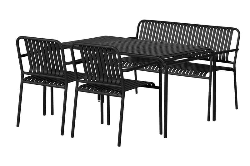 Gardeno Spisegruppe 150 cm + 2 Stablestoler + Benk - Svart - Hagemøbler - Hagebord - Spisebord