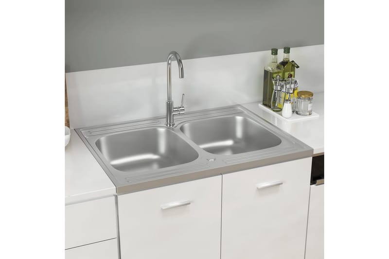 Dobbel kjøkkenvask sølv 800x600x155 mm rustfritt stål - Silver - Hus & oppussing - Kjøkken & bad - Baderom - Servant og håndvask - Dobbelvask