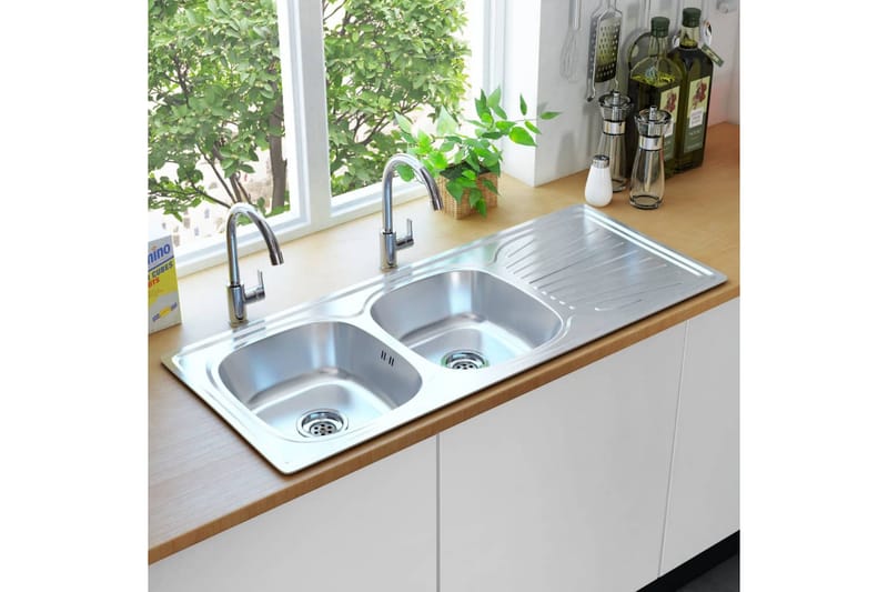 Kjøkkenvask med dobbel kum med sil og samler rustfritt stål - Hus & oppussing - Kjøkken & bad - Baderom - Servant og håndvask - Enkel vask
