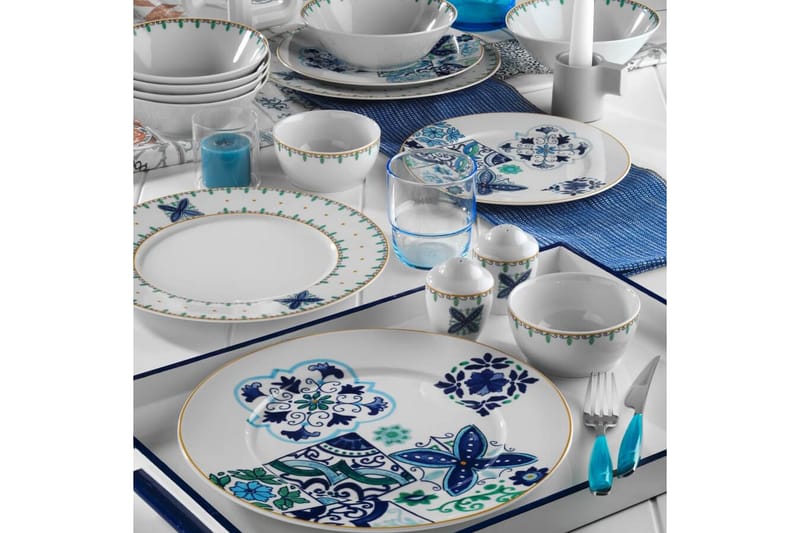 Adine Frokostsett 35 Deler Porselen - Hvit/Blå/Gull - Husholdning - Servering & borddekking - Porselen