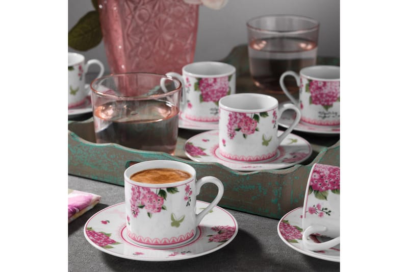 Adine Kaffeservise 12 Deler Porselen - Hvit/Rosa/Grønn - Husholdning - Servering & borddekking - Porselen