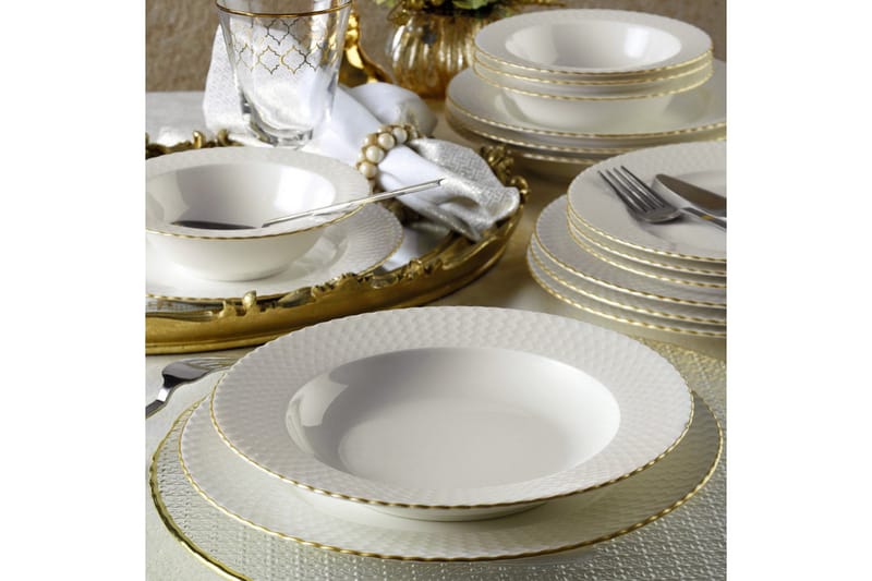 Kütahya Middagsservise 24 Deler Porselen - Hvit/Gull - Husholdning - Servering & borddekking - Tallerkener