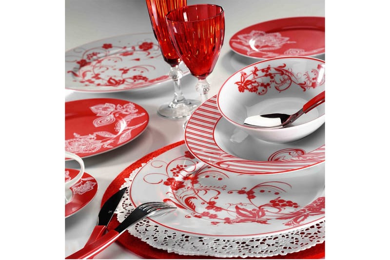 Kütahya Middagsservise 24 Deler Porselen - Hvit/Rød - Husholdning - Servering & borddekking - Tallerkener