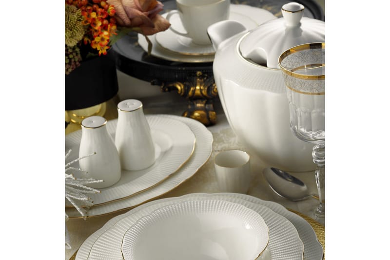 Kütahya Middagsservise 83 Deler Porselen - Hvit/Gull - Husholdning - Servering & borddekking - Tallerkener