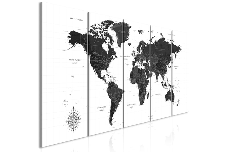 Bilde Black And White Map 5 Parts Narrow 225x90 - Finnes i flere størrelser - Innredning - Bilder & kunst - Lerretsbilder