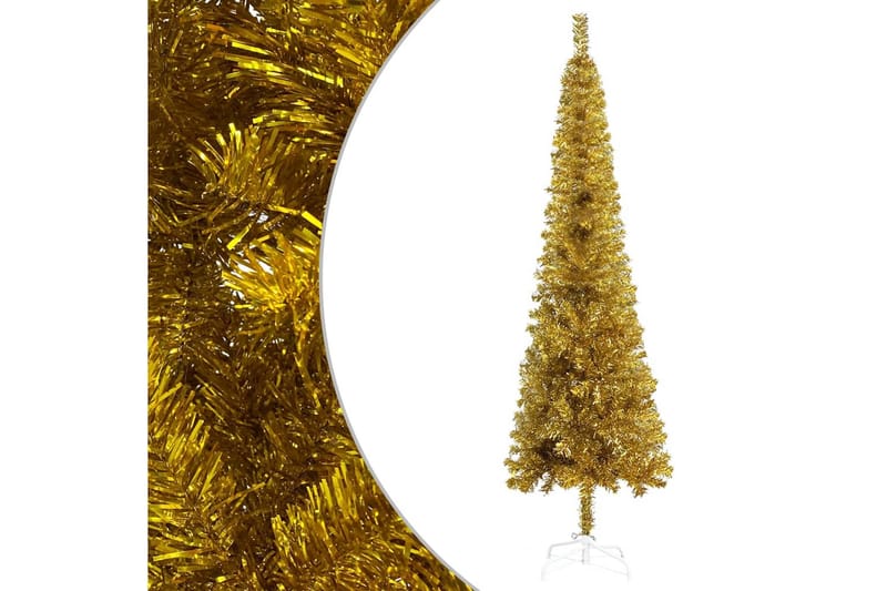 Slankt juletre med LED og kulesett gull 210 cm - Innredning - Julepynt & helgedekorasjon - Julepynt & juledekorasjon - Plastjuletre