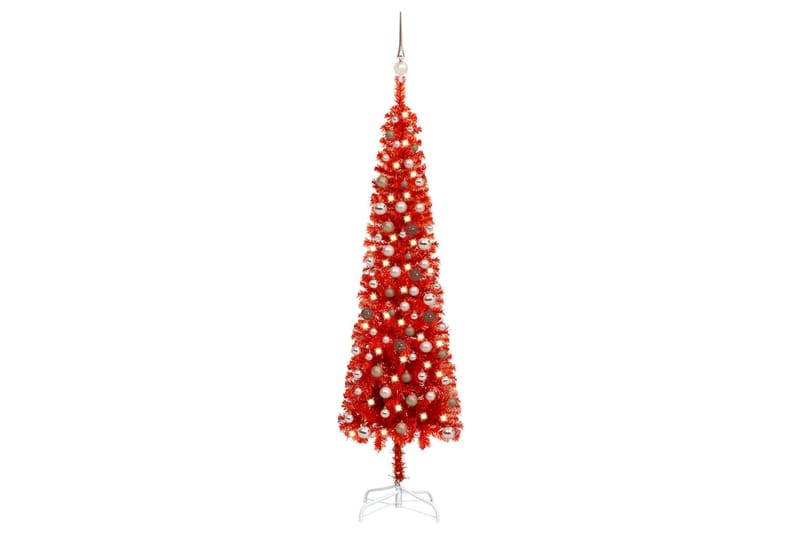 Slankt juletre med LED og kulesett rød 210 cm - Innredning - Julepynt & helgedekorasjon - Julepynt & juledekorasjon - Plastjuletre