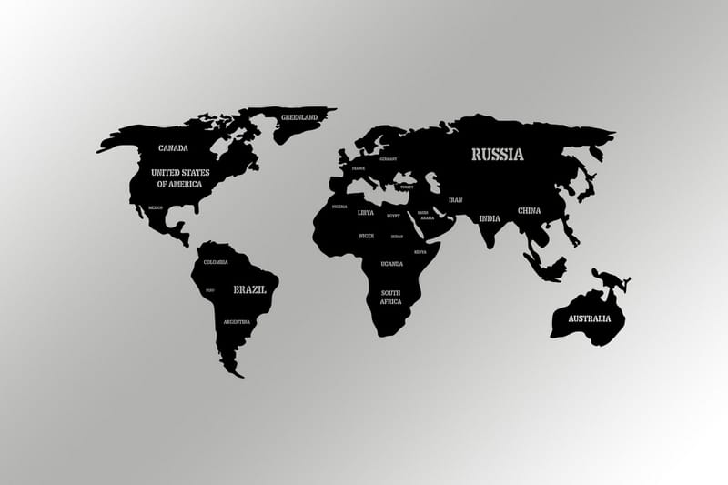 World Map 4 Veggdekor - Svart - Innredning - Veggdekorasjon - Skilt - Metallskilt