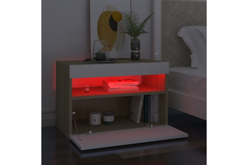 Nattbord & LED-lys hvit og sonoma eik 60x35x40 cm - Beige - Møbler - Bord - Avlastningsbord - Sengebord & nattbord