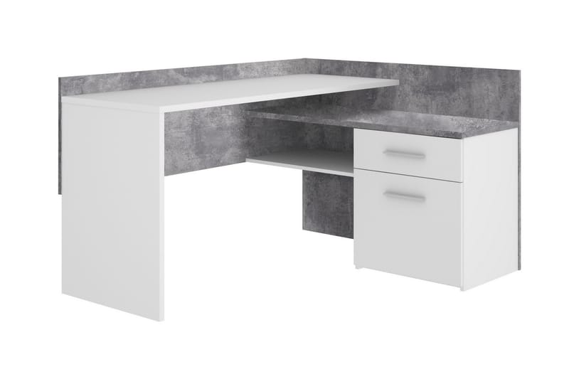 Bowlee Hjørneskrivebord 112 cm med Oppbevaringshyller + Skuf - Hvit/Betonggrå - Møbler - Bord - Kontorbord - Skrivebord - Hjørneskrivebord