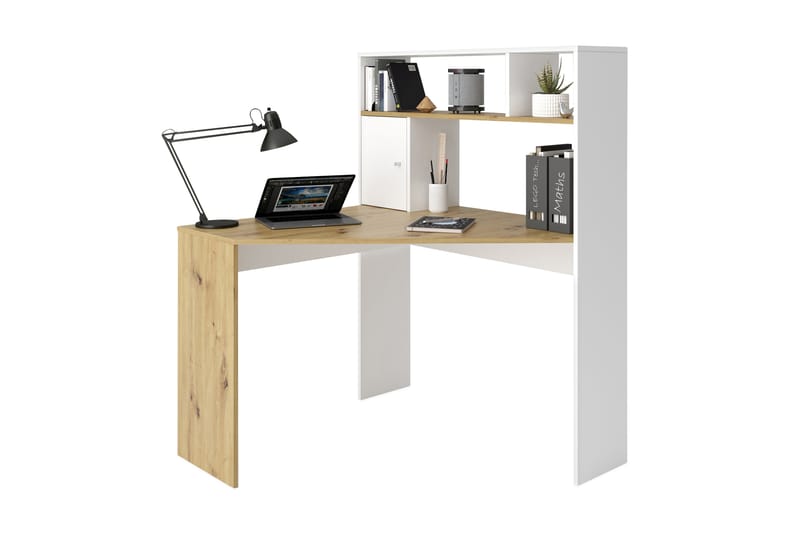 Gerrell Hjørneskrivebord 100 cm med Oppbevaringshyller + Ska - Brun/Hvit - Møbler - Bord - Kontorbord - Skrivebord