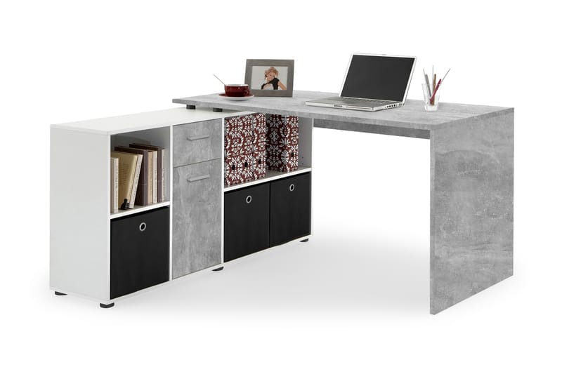 Lexo Hjørneskrivebord 136 cm med Justerbar Hylla - Betong - Møbler - Bord - Kontorbord - Skrivebord - Hjørneskrivebord