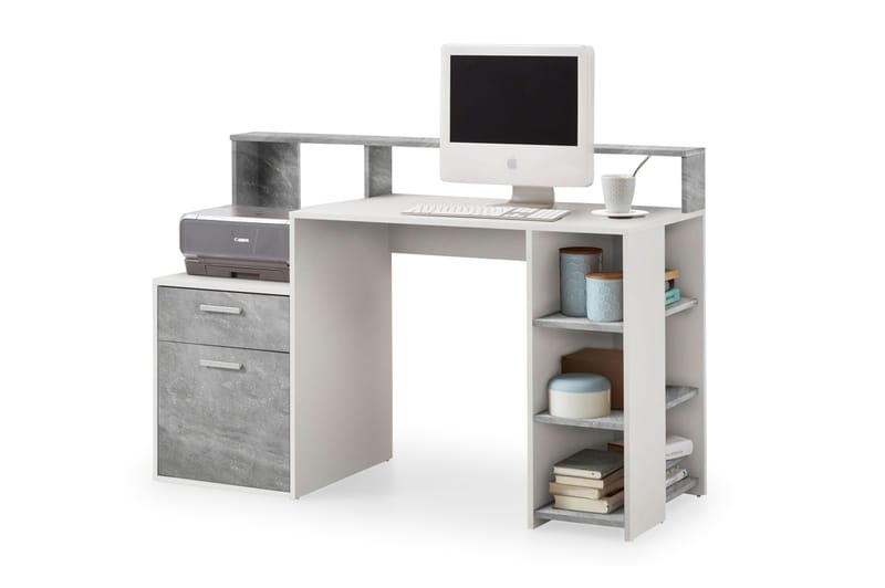 Bolton Skrivebord 139 cm med Oppbevaring - Betonggrå/Hvit - Møbler - Bord - Kontorbord - Skrivebord - Hjørneskrivebord