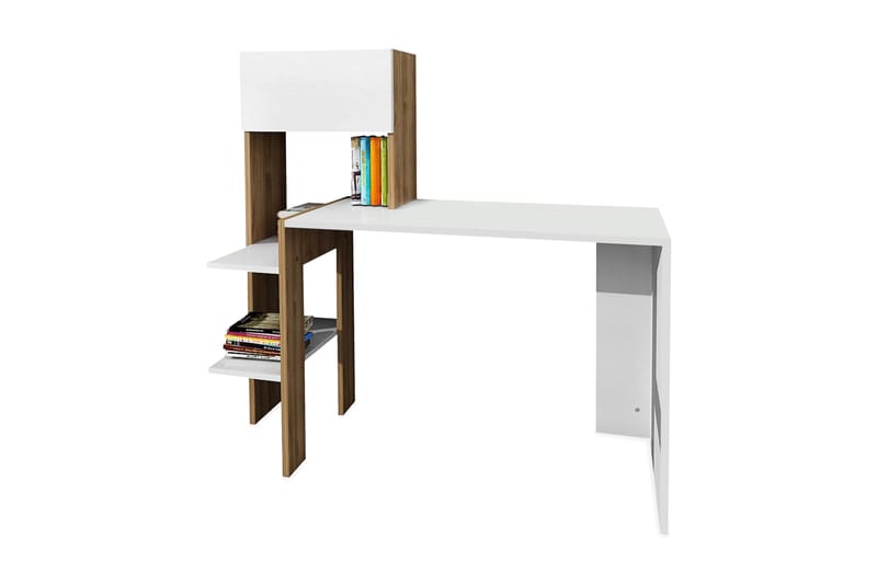 Bumine Skrivebord 114 cm med Oppbevaringshyller+Luker - Hvit/Valnøttsbrun - Møbler - Bord - Kontorbord - Skrivebord