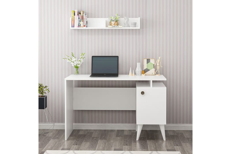 Derpele Skrivebord 120 cm med Oppbevaring Skap + Vegghylle - Hvit - Møbler - Bord - Kontorbord - Skrivebord