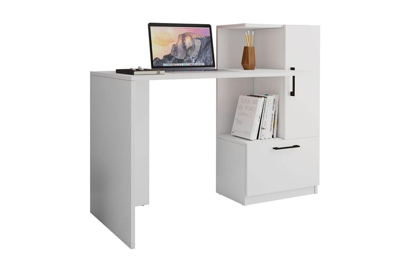 FlaHvit Skrivebord 125 cm med Oppbevaringshylle + Skap - Hvit - Møbler - Bord - Kontorbord - Skrivebord