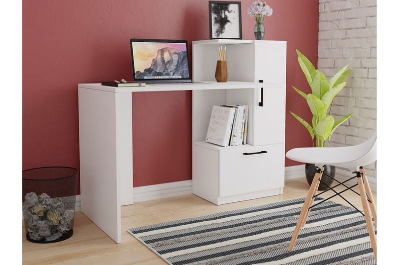 FlaHvit Skrivebord 125 cm med Oppbevaringshylle + Skap - Hvit - Møbler - Bord - Kontorbord - Skrivebord