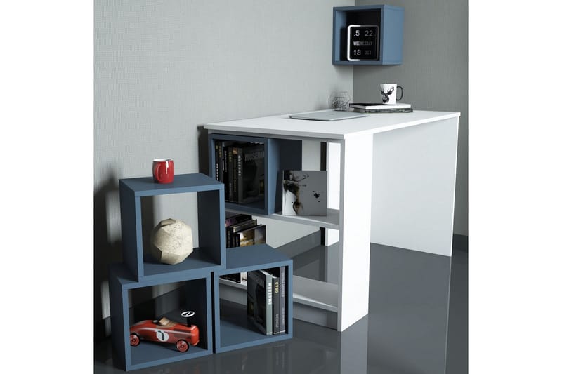 Hovdane Skrivebord 120 cm med Oppbevaring + Vegghylle + - Hvit/Blå - Møbler - Bord - Kontorbord - Skrivebord