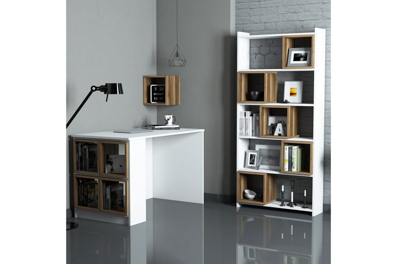 Hovdane Skrivebord 120 cm med Oppbevaring + Vegghylle + - Hvit/Brun - Møbler - Medie- & TV-møbler - TV-benk & mediabenk
