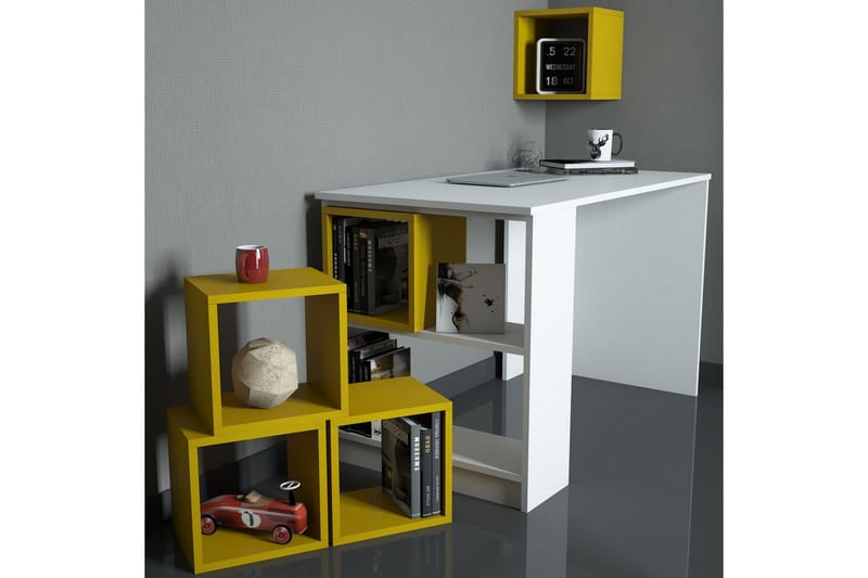 Hovdane Skrivebord 120 cm med Oppbevaring + Vegghylle + - Hvit/Gul - Møbler - Mediamøbel & tv møbel - TV-benk & mediabenk