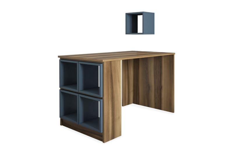 Hovdane Skrivebord 120 cm med Oppbevaringshylle + Vegghylle - Brun/Blå - Møbler - Bord - Kontorbord - Skrivebord