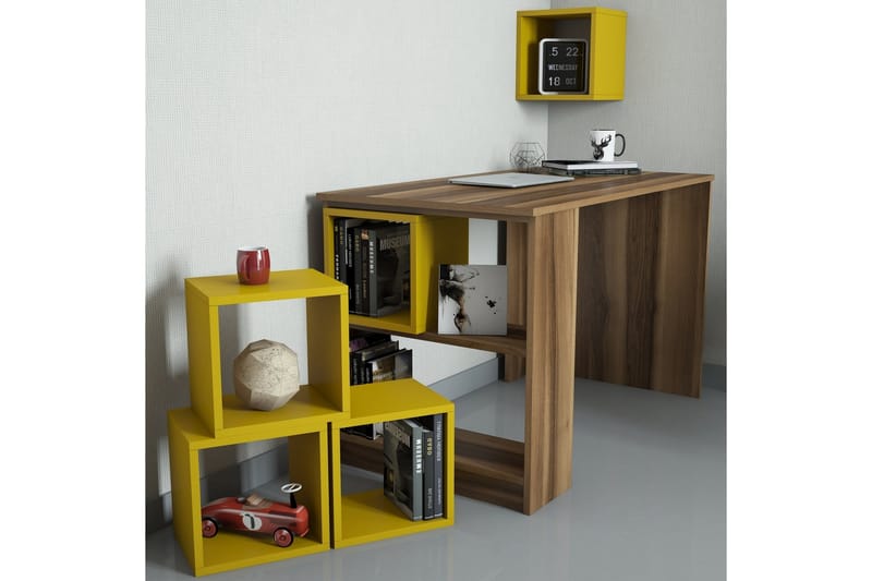 Hovdane Skrivebord 120 cm med Oppbevaringshylle + Vegghylle - Brun/Gul - Møbler - Medie- & TV-møbler - TV-møbelsett