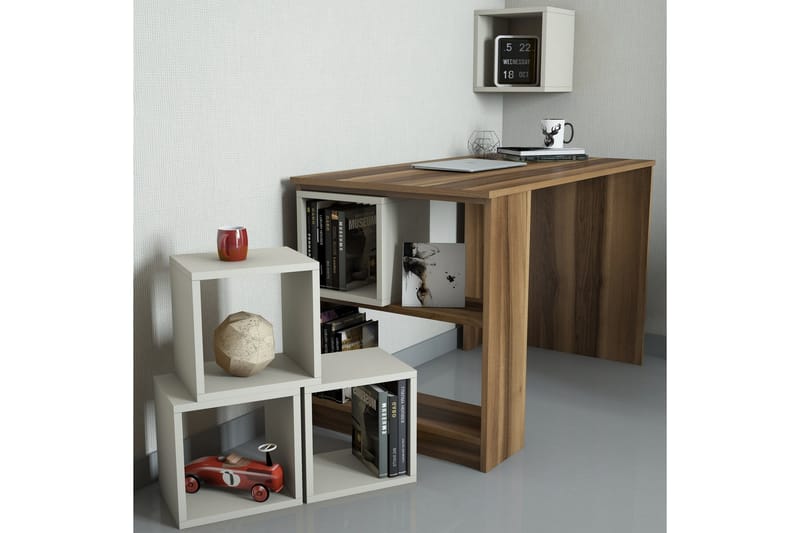 Hovdane Skrivebord 120 med Oppbevaringshylle + Vegghylle - Brun/Kremhvit - Møbler - Bord - Kontorbord - Skrivebord