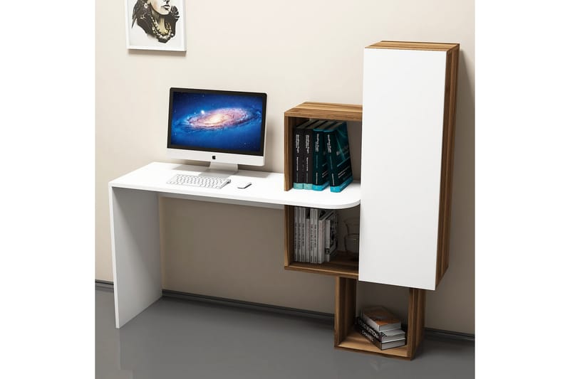 Hovdane Skrivebord 145 cm med Oppbevaringshyller + Skap - Brun/Hvit - Møbler - Bord - Kontorbord - Skrivebord