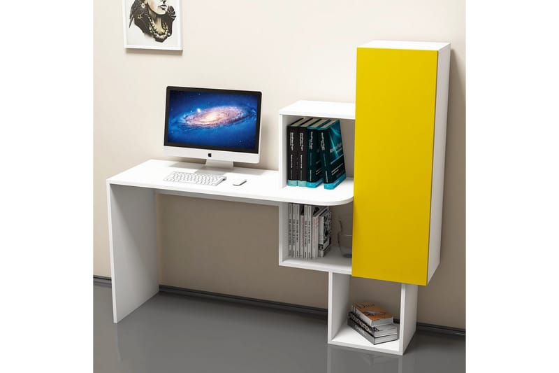 Hovdane Skrivebord 145 cm med Oppbevaringshyller + Skap - Hvit/Gul - Møbler - Bord - Kontorbord - Skrivebord