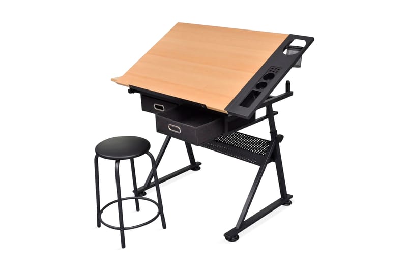 Justerbart tegnebord med 2 skuffer og stol - Møbler - Bord - Kontorbord - Skrivebord