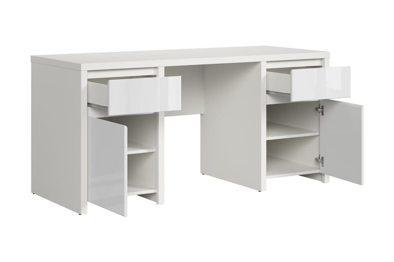 Kaspian Skrivebord 160 cm med Oppbevaring 2 Skuffer + 2 Skap - Hvit/Hvit Høyglans - Møbler - Bord - Kontorbord - Skrivebord