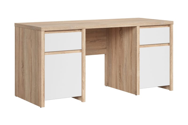 Kaspian Skrivebord 160 cm med Oppbevaring 2 Skuffer+2 Skap - Sandeik/Hvit Høyglans - Møbler - Bord - Kontorbord - Skrivebord