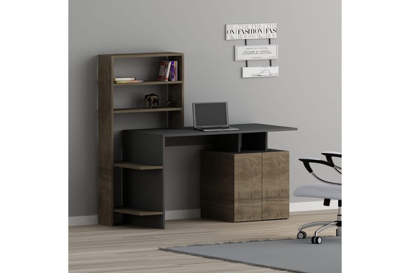 Leluard Skrivebord 146 cm med Oppbevaringshyller + Skap - Valnøttsbrun/Antrasitt - Møbler - Bord - Kontorbord - Skrivebord