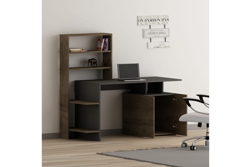 Leluard Skrivebord 146 cm med Oppbevaringshyller + Skap - Valnøttsbrun/Antrasitt - Møbler - Bord - Kontorbord - Skrivebord