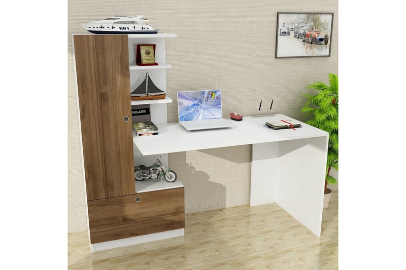 Merinoz Skrivebord 120 cm med Oppbevaring Hyller + Skuff + S - Hvit/Valnøttsbrun - Møbler - Bord - Kontorbord - Skrivebord