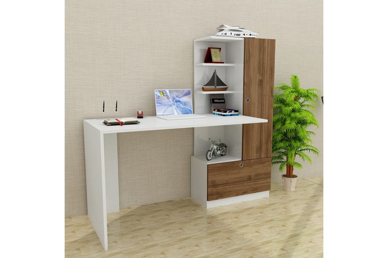 Merinoz Skrivebord 150 cm med Oppbevaringshyller + Skuff + S - Hvit/Valnøttsbrun - Møbler - Bord - Kontorbord - Skrivebord