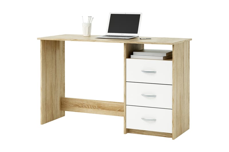 Mimer Skrivebord 123 cm med Oppbevaringshylle + 3 Skuffer - Hvit/Eik - Møbler - Bord - Kontorbord - Skrivebord - Hjørneskrivebord