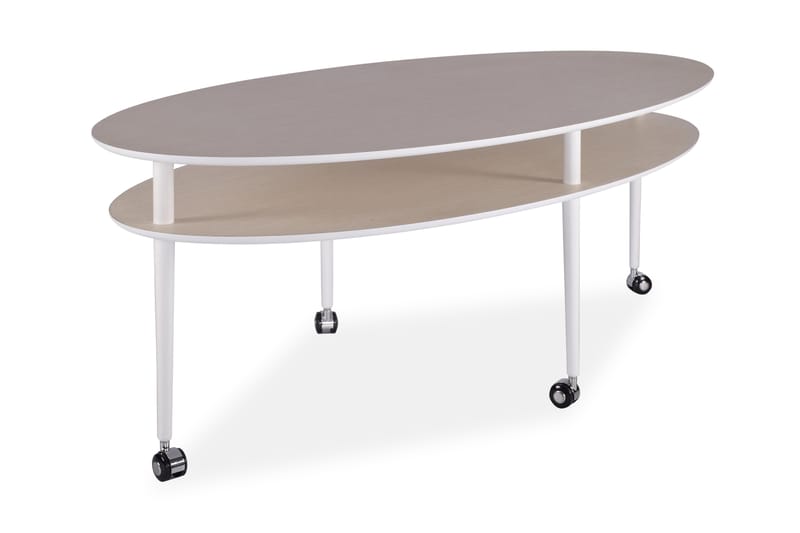 Casper Sofabord 140 cm Ovalt med Oppbevairngshylle på Hjul - Eikefiner/Hvit - Møbler - Bord - Sofabord