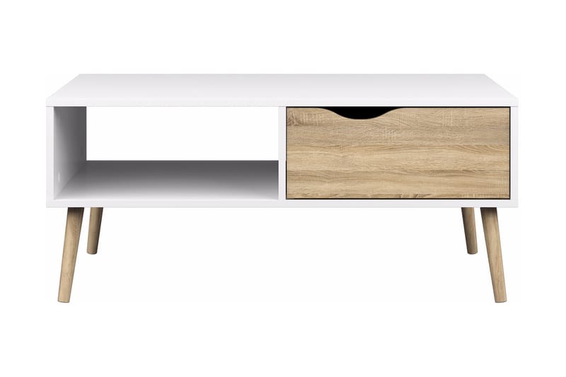 Delta Sofabord 99 cm med Oppbevaringsskuff + Hylle - Hvit/Eikefarge - Møbler - Bord - Avlastningsbord - Sengebord & nattbord